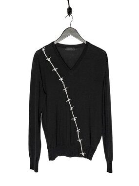 Alexander McQueen Barbed Wire Embroidery Black V-neck Wool Sweater